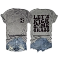 Macro detail of 'LET'S KICK SOME GRASS' football print on grey cotton t-shirt - S / Top (Black Print) / Dark Gray