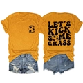 Detail of summer two-piece set with mustard yellow T-shirt and distressed denim shorts - S / Tops / Mustard Yellow