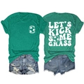 Vista fronte e retro della maglietta verde con stampa calcio Let's Kick Some Grass - Taglia S / Top / Verde Scuro