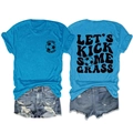 Vista fronte e retro della maglietta blu con stampa LET'S KICK SOME GRASS e pantaloncini denim - Taglia S / Top / Blu lago