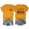 Vorder- und Rückseite des gelben T-Shirts mit Blumendruck und Pädagogen-Slogan - S / Senfgelb (Schwarzes Muster)