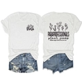 Detail view of the back graphic on the white t-shirt and distressed denim shorts outfit - S / Tops / White