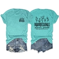Detail view of teal floral print t-shirt paired with distressed denim blue shorts - S / Tops / Deep Water Blue