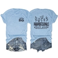 Detail view of light blue cotton T-shirt set with floral prints and denim shorts - S / Tops / Light Blue (Black Print)