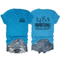 Detailed view of bright blue T-shirt with Para plant seeds print and denim shorts - S / Tops / Lake Blue