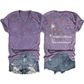 Detailed back view of purple V-neck T-shirt with heart dandelion print and quote - Purple (White Print)