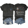 Detail view of v-neck t-shirt back with colorful heart dandelion and motivational quotes - Black Heather Grey