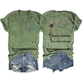 Detail of green V-neck T-shirt showing heart dandelion print and inspirational quote - Olive Green