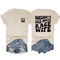 T-shirt grigio melange con stampa race wife e pantaloncini di jeans su sfondo bianco - S / Sabbia