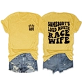 Detailed front and back view of a yellow Race Wife graphic tee with checkered flags - Yellow