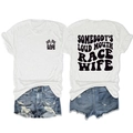 Macro detail of white T-shirt with Somebody's Loud Mouth Race Wife back print and front logo - White