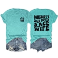 Detail view of teal graphic t-shirt with Somebody's Loud Mouth Race Wife back print - Deep Water Blue (Black Print)