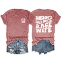 Front and back detail of heather red Race Wife t-shirt with vintage white printed lettering - Rose Gold (White Print)