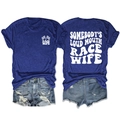 Front and back view of navy blue Race Wife T-shirt with vintage back print and chest logo - Vintage Blue