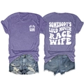 Detailed back and front views of a heather purple Race Wife t-shirt and denim shorts set - Purple (White Print)
