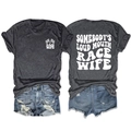 Front and back detail of grey Race Wife T-shirt and distressed denim shorts set - Black Heather Grey