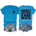 Flat lay of bright blue T-shirt with Race Wife print and distressed denim shorts - Lake Blue