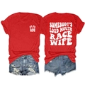 Front and back view of red Race Wife graphic tee with distressed denim shorts - Red