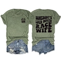 Detail of green Somebody's Loud Mouth Race Wife t-shirt with checkered flag and back print - Olive Green
