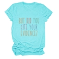 Detail van de academische tekstprint op een blauwgroen casual katoenen dames t-shirt - Diep Waterblauw