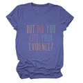 Detail van het gemêleerde paarse t-shirt met de kleurrijke but did you cite your evidence print - Vintage Blauw