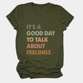 Detail of olive green t-shirt with It's a Good Day to Talk About Feelings graphic print - Army Green
