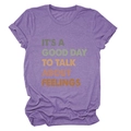 Detail of retro 'IT'S A GOOD DAY TO TALK' slogan print on purple cotton t-shirt - Purple
