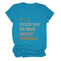 Detail of teal cotton t-shirt with retro 'It's a good day to talk' printed lettering - Lake Blue