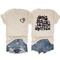 Front and back detail of beige t-shirt featuring Dog Hair Is My Glitter print with denim shorts - S / Tops / Sand