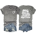 Detailed front and back view of gray t-shirt with dog hair is my glitter print text - S / Tops / Dark Gray