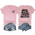 Detailed view of pink T-shirt back with Dog Hair Is My Glitter print and denim shorts - S / Tops / Pink