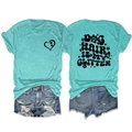 Front and back detail of mint green t-shirt with dog hair is my glitter print and denim shorts - S / Tops / Deep Water Blue