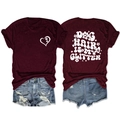 Front and back view of burgundy t-shirt with dog hair is my glitter print and heart detail - S / Tops / Burgundy