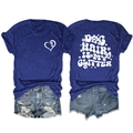Detail of navy blue t-shirt with Dog Hair Is My Glitter print and paw heart motif - S / Tops / Vintage Blue