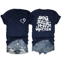 Detail showing front heart logo and back 'DOG HAIR IS MY GLITTER' text on navy T-shirt - S / Tops / Navy Blue