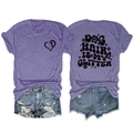Detail of the Dog Hair Is My Glitter back print on a purple short-sleeve cotton T-shirt - S / Tops / Purple (Black Print)