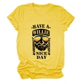 Macro detail of Willie Nelson graphic and text print on yellow heather cotton t-shirt - S / Yellow (Black Text)