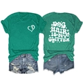 Flat lay of heather green t-shirt with Dog Hair Is My Glitter back print and front heart logo - S / Tops / Dark Green