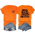 Front and back detail of an orange cotton T-shirt with Dog Hair Is My Glitter print - S / Tops / Orange