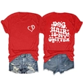 Detail of red T-shirt showing front paw heart print and Dog Hair Is My Glitter back text - S / Tops / Red