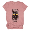 Close-up of Willie Nelson print on pink cotton t-shirt with Have a Willie Nice Day slogan - S / Rose Gold (Black Font)