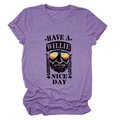 Detail of Willie Nelson graphic print on purple cotton t-shirt with catchy slogan - S / Purple (Black Text)