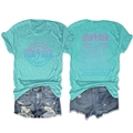 Front and back view of Tiffany blue T-shirt with MAMA tour print and ripped denim shorts - Deep Water Blue