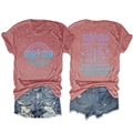Detail of mama tour print on vintage red t-shirt with denim shorts outfit set - Rose Gold