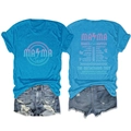 Detail of blue MAMA Tour t-shirt with pink graphic back and distressed denim shorts - Lake Blue