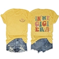 Front and back view of In My Gigi Era t-shirt with floral print and denim shorts - Yellow