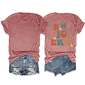 Detail of red heather T-shirt featuring In My Gigi Era back print and denim shorts set - Rose Gold