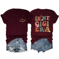 Detail view of burgundy T-shirt with vintage In My Gigi Era butterfly back print - Burgundy
