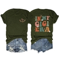 Detail of In My Gigi Era butterfly print on olive green t-shirt and denim shorts set - Army Green