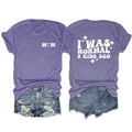 Detailed flat lay of purple Mom t-shirt with slogan print and denim shorts set - Purple (White Print)
